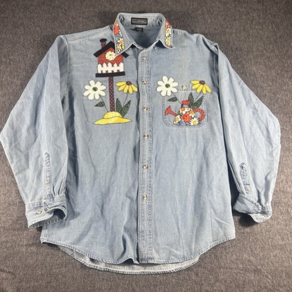 Women's Denim Jean Boho Garden Shirt‎ Boho Retro 80's Style LA Loving Size M